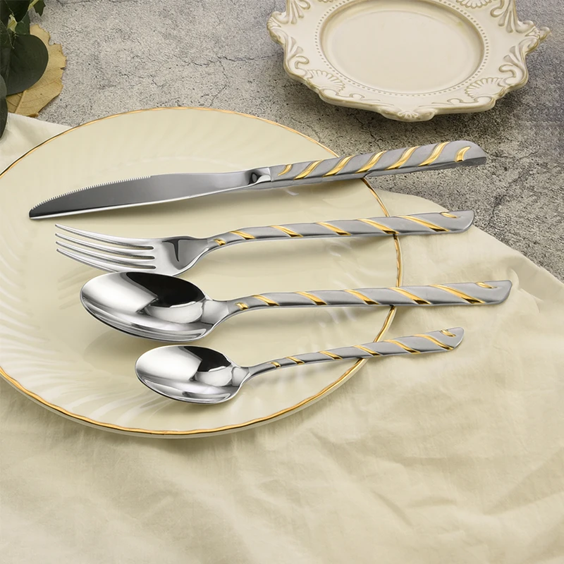 China Cutlery Manufacturers Stainless Steel Dubai Flatware 18/10 Gold Plated Wedding Knife Spoon Fork Set