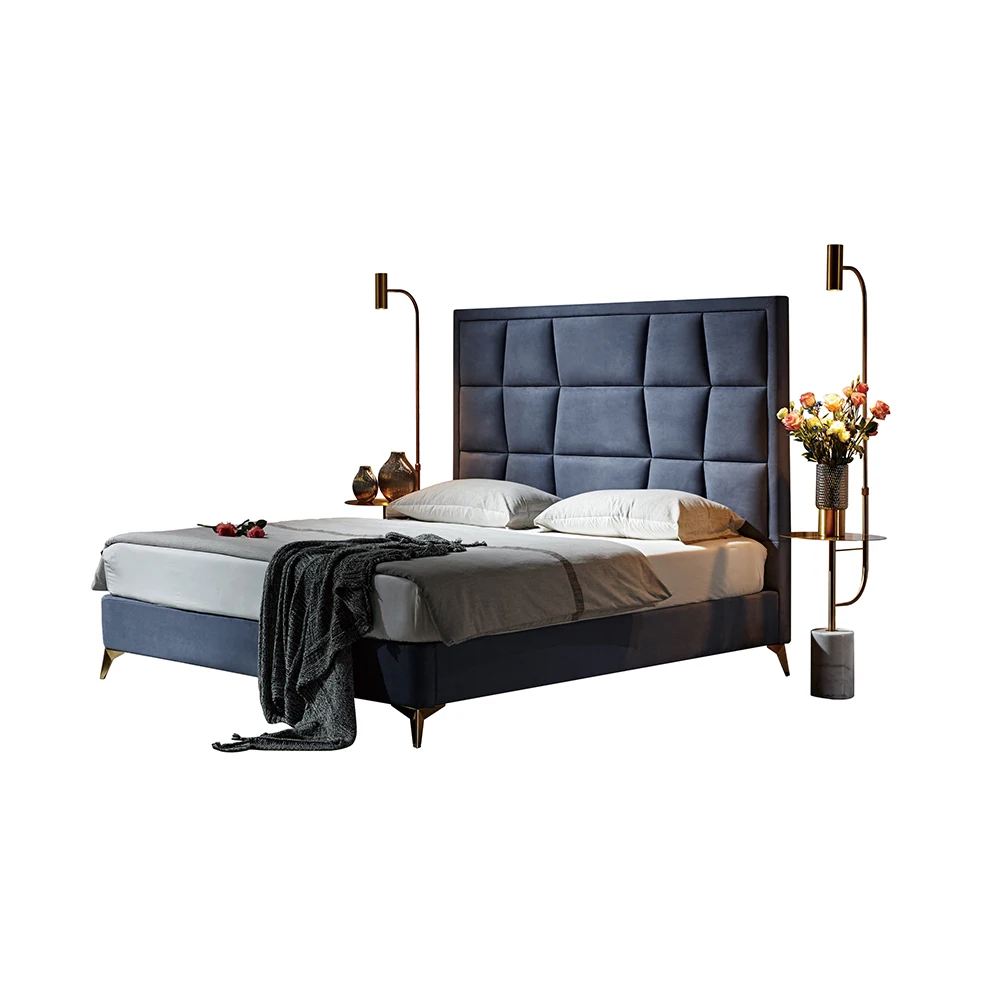 Classic Modern Latest Slats Support King Size Bed with Supportive High Headboard for Home and Hotel