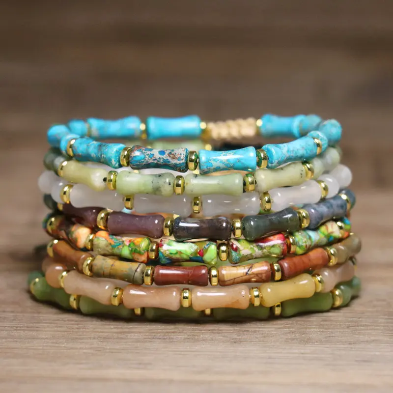 6*12mm Bamboo Stone Bracelet for Women Fashion Jewelry Anxiety Relief  Protection Adjustable Imperial Jasper  Beaded Bracelet