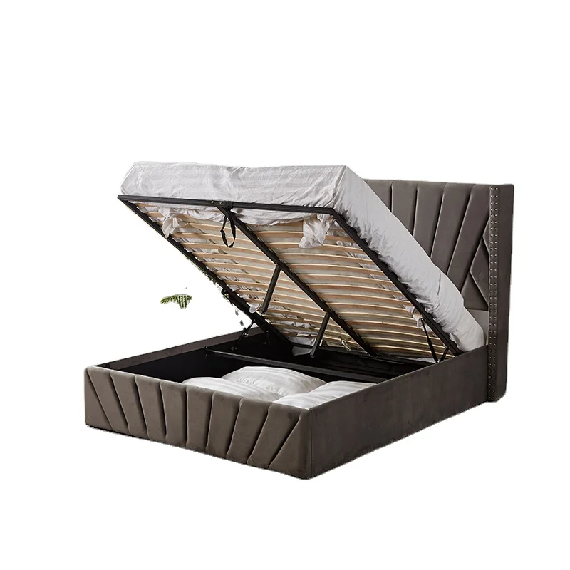 Line Sewn tufted headboard and foot board soft velvet fabric up-holstered queen hydraulic storage gas lift ottoman bed frame