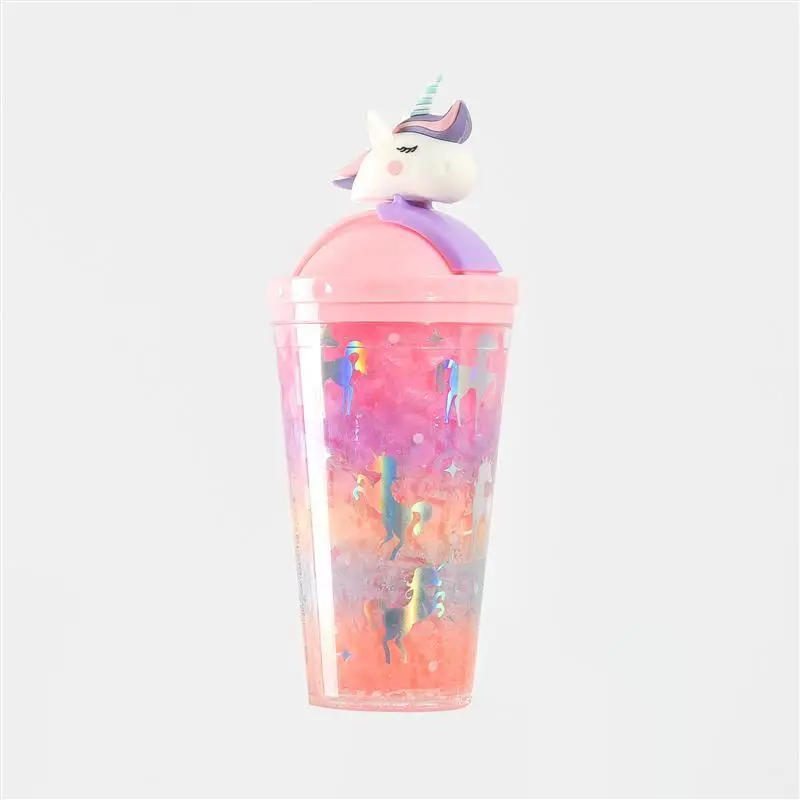 Lovely Unicorn Plastic Double Wall Water Bottle For Ladies And Children Water Leaking Proof Colorful Bottle With Straw