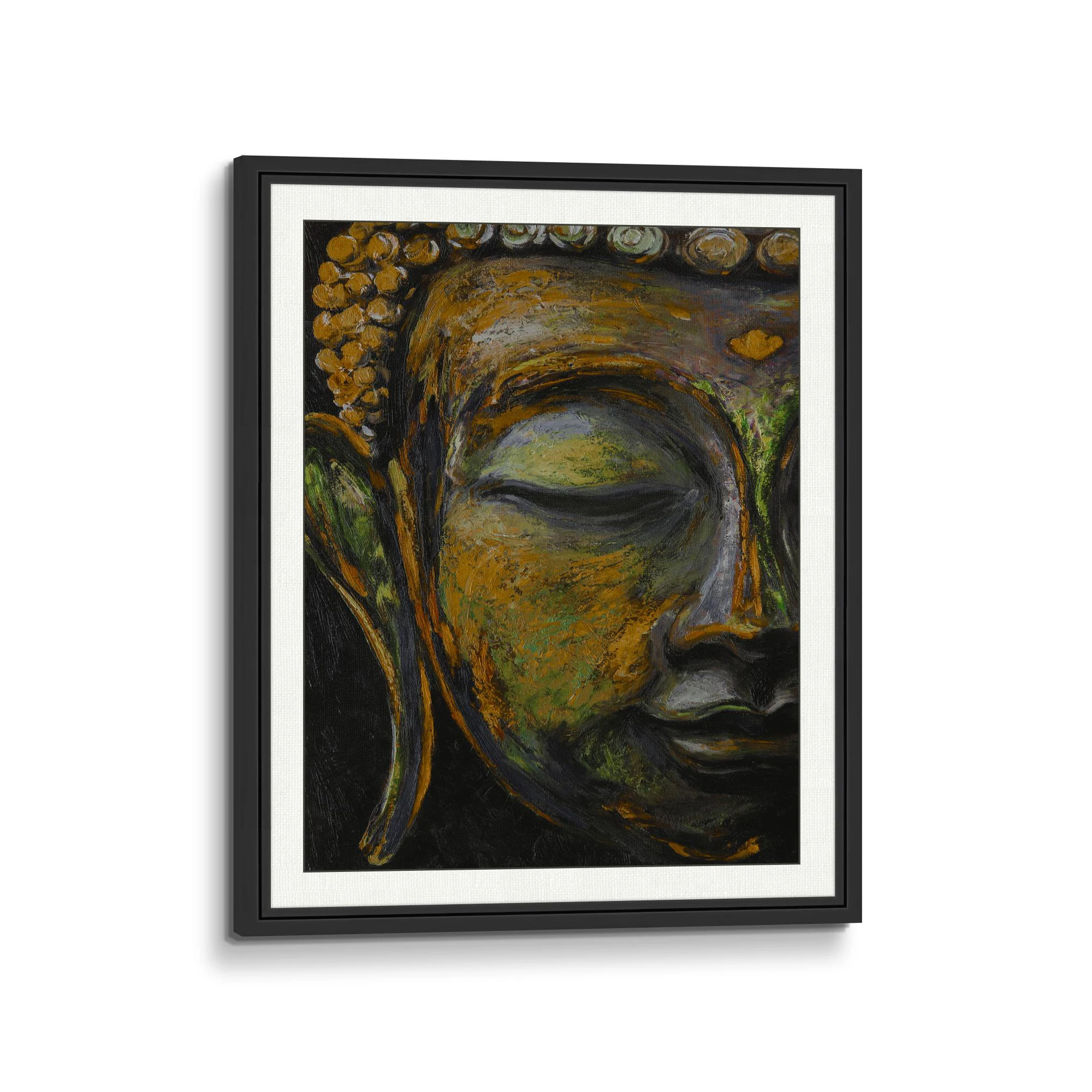 Hand Painted Colorful Buddha Green Bronze Brown Statue Hand Made Framed Matted 3D Brushstroke Texture for Home Decor
