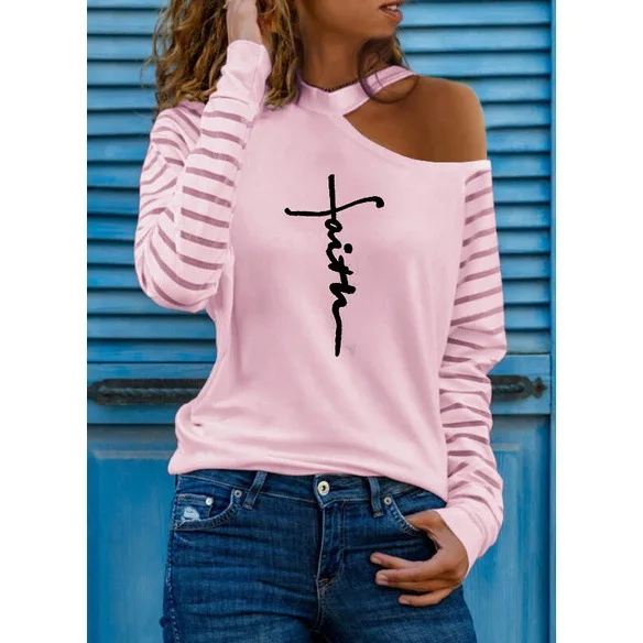 Autumn ladies long sleeve diagonal shoulder letter print T-shirt plus size top