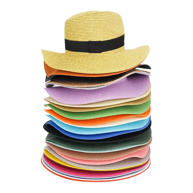 Summer foldable panama lafite hat retro jazz  outdoor sunshade black straw hat wholesale bulk straw hats