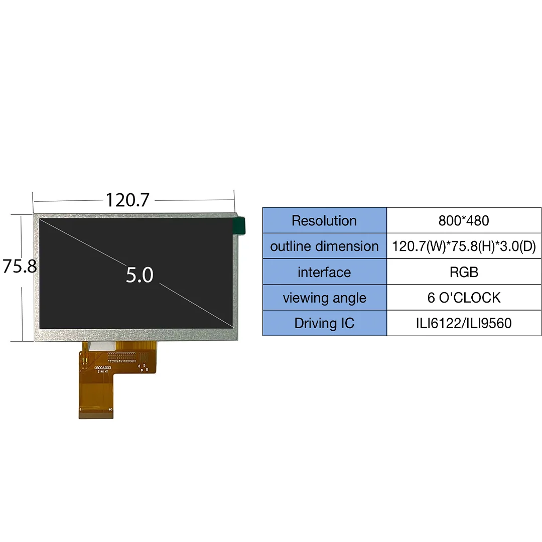 5.0 inch innolux 800*480 with RGB interface can be equipped with touch screen tft lcd module panel display