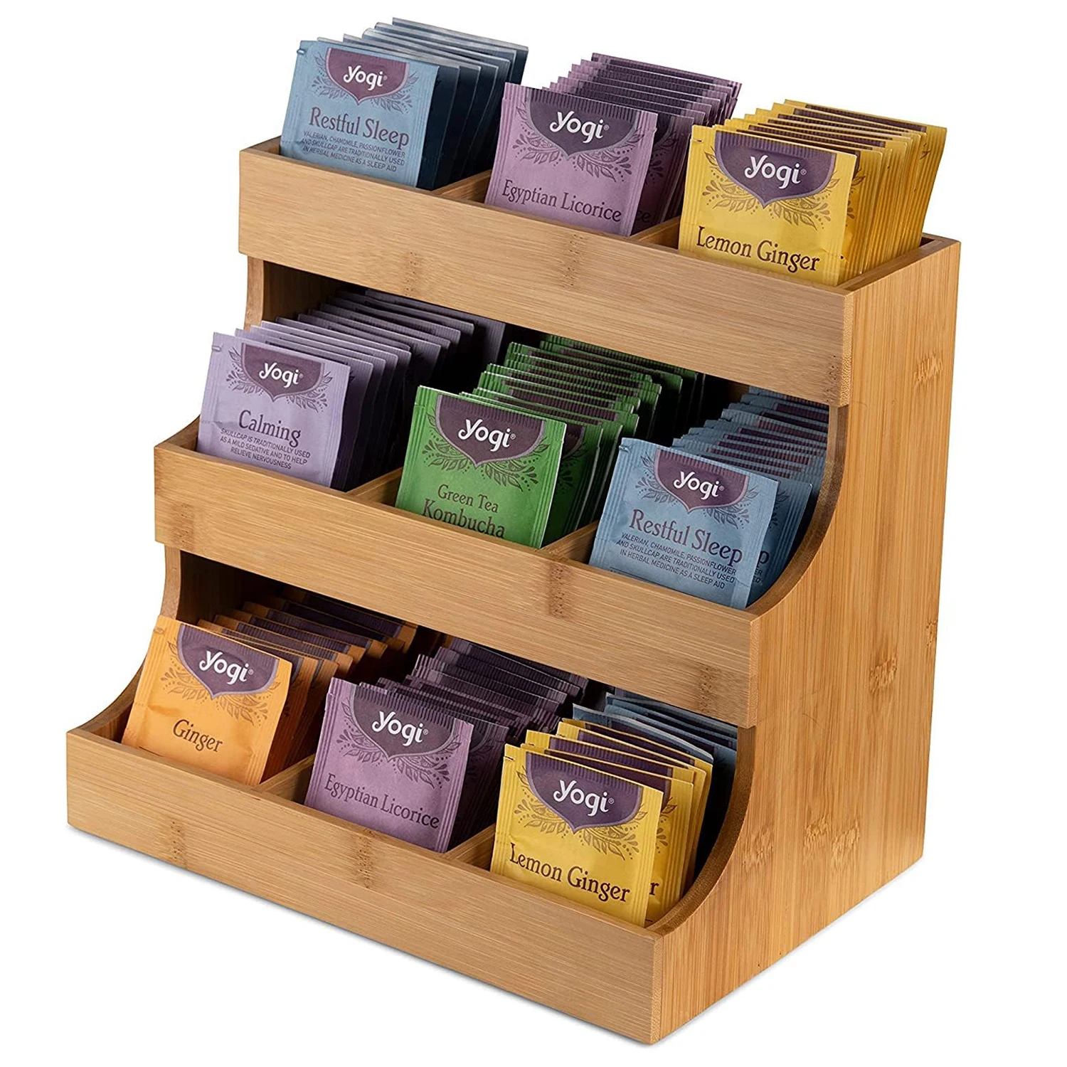 Bamboo Tea Bag Holder Wooden Tea Box Organizer for Home Office Cafe Coffee Sugar Packets and Creamers Storage Shelf