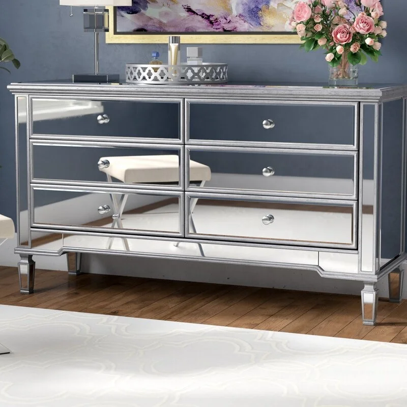 Brixton 6 Drawer 60' Sideboard Living Room Furniture Modern 6- Drawer Mirrored Accent Dresser Home Decorative Furniture Silver
