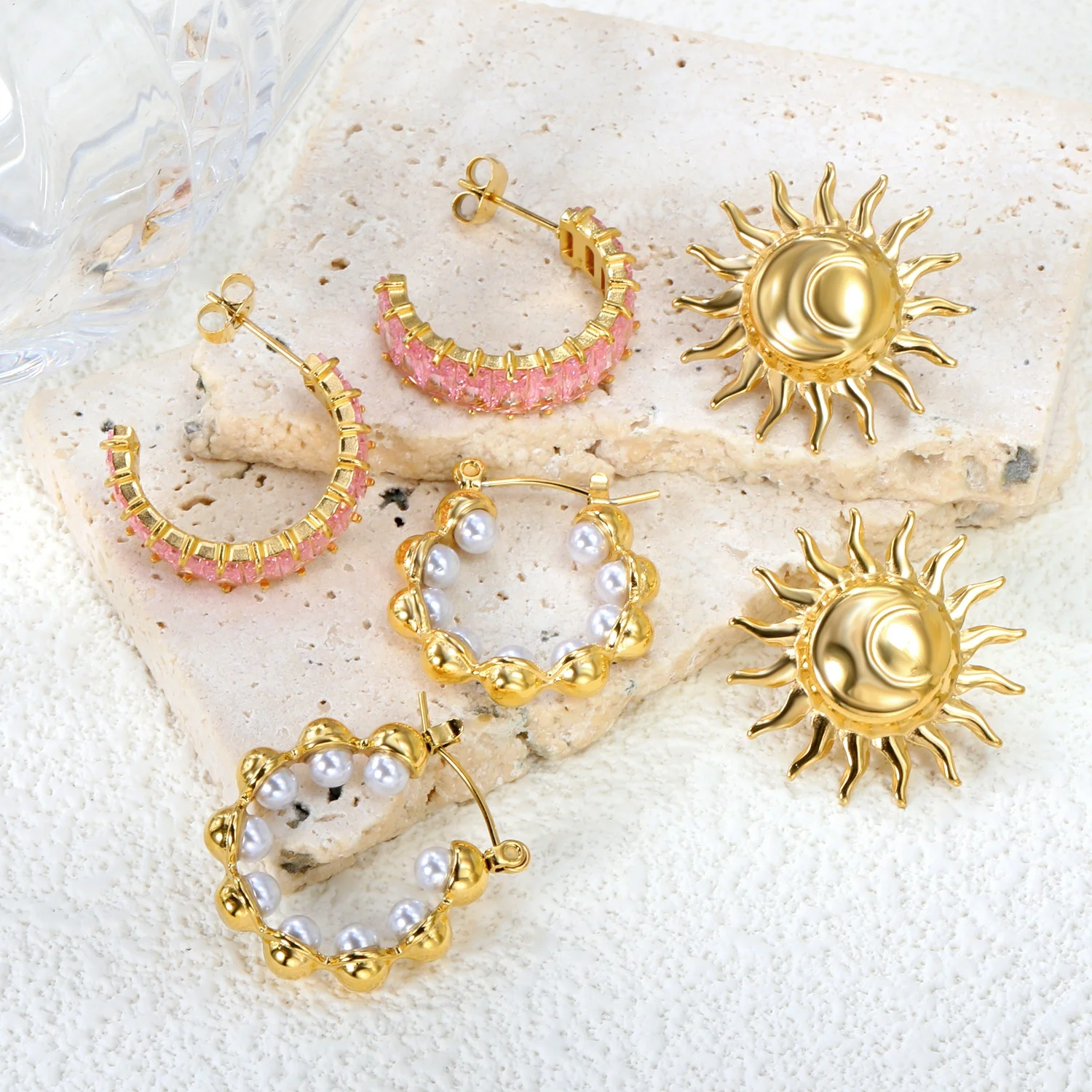 Non Tarnish Texture Chunky Spiral Sun Stud Earings Stainless Steel Jewelry pink Cubic Zirconia Big Circle Pearls Hoop Earrings