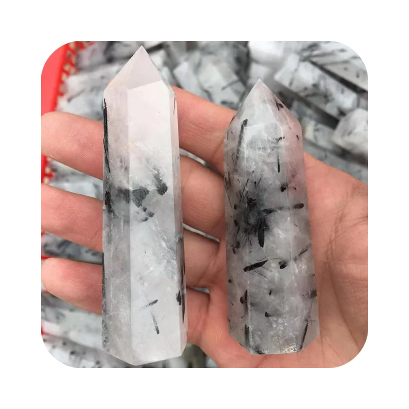 new product ideas 2024 Natural reiki gemstone Black Tourmaline Rutilated withe hair Quartz Wand Point Tower wand for fengshui