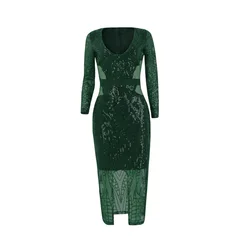 Women Lace Evening Party Sequined Dress Ladies Empire Waist Mid-calf Dress V-Neck Long Sleeve Dresses