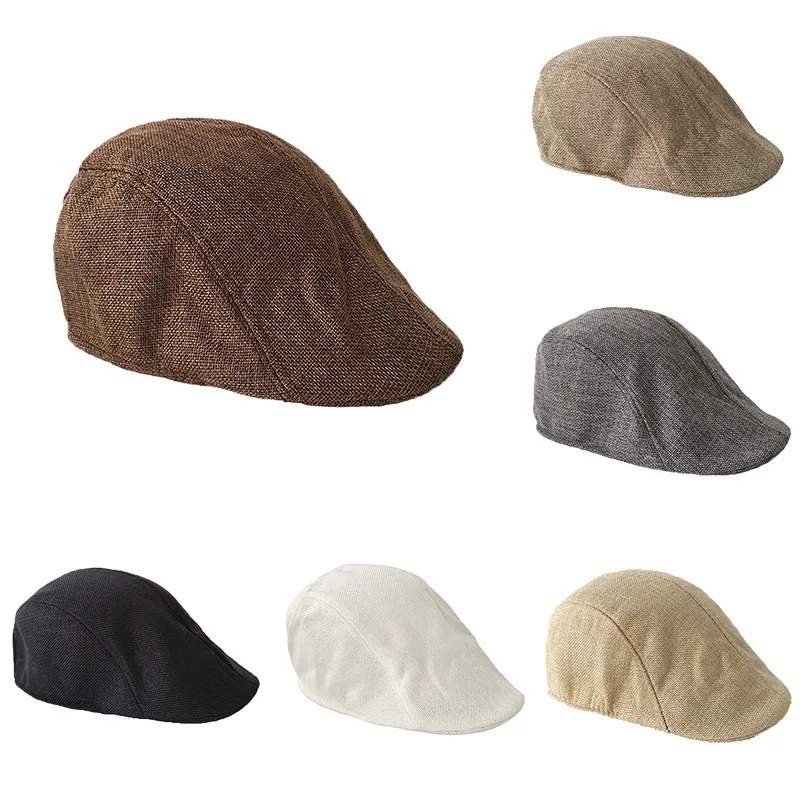 Linen Berets Caps Big Head Man Spring Summer and Autumn Newsboy Cap Beret British Retro Linen Duck Tongue Berets