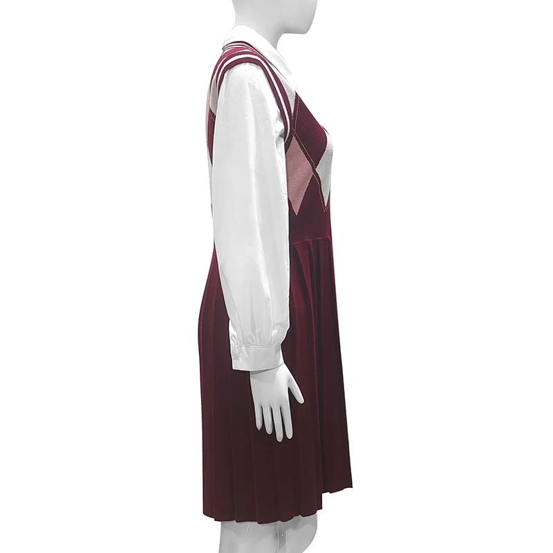 Flatting Knitting Custom Plus Size Korean Style Junior V-Neck Argyle Knit Sweater School Uniform Jumper Dress