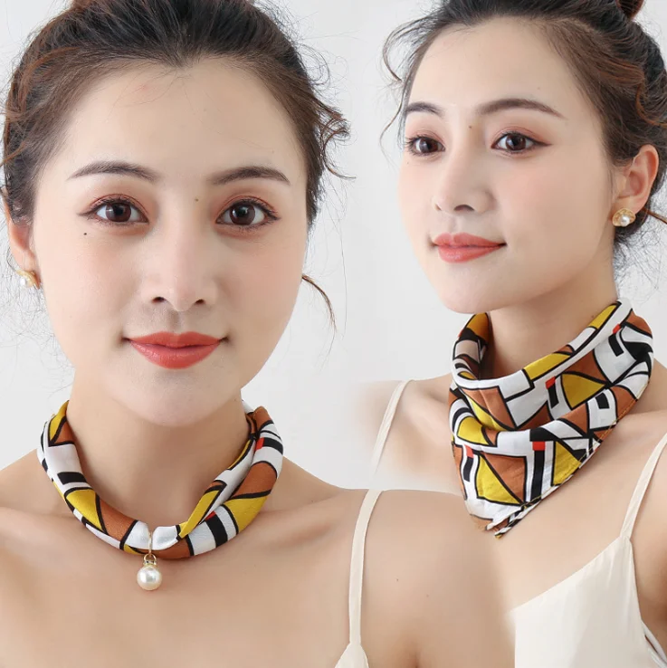 Silk Scarf Necklace Pearl Pendant Decorative Small Square Fashion Choker Collarbone Chain Magnetic Clasp Print Scarf
