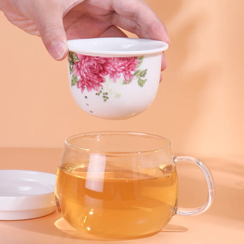 345CC High quality clear glass tea cups with ceramic lid with infuser