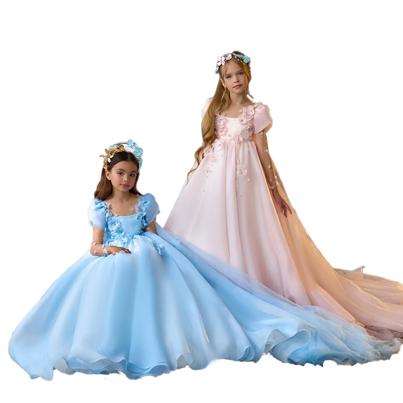 Organza Flower Girls Dress Girls Prom Dresses Elegant Luxury Ball Gown Applique Princess Dresses Children Birthday New Year Gift