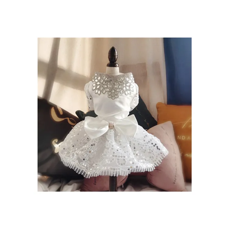 Rhinestone Dog Wedding Party Dress Bling Sequins Tulle Tutu Skirt Princess Clothes Luxury Lace Bow Dress Bride Costume