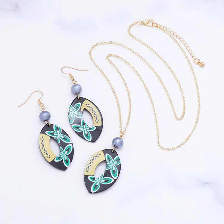 Hawaiian tropical ethnic style suit series fashion color drop flower acrylic earrings necklace for women
