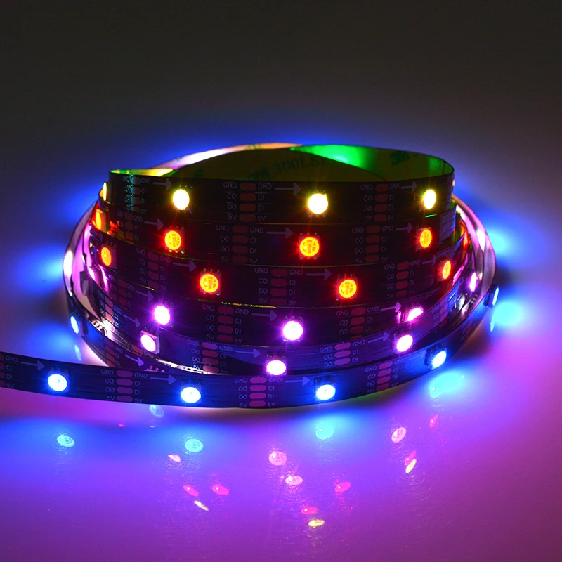 CE RoHS FCC PSE certified 30LED/m HD107S /APA102 Addressable RGB LED Flexible Strip Black Color PCB Addressable LED Strip