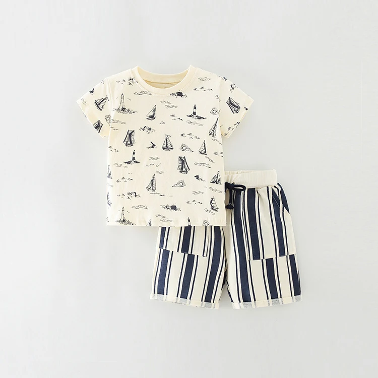 Wholesale Summer Soft Cotton Sailboat Print T-shirt Striped Shorts 2 Piece Toddler Boys Clothing sets