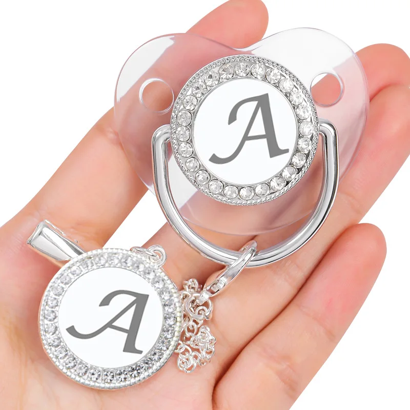 Name Initials Baby Pacifier Personalized Pacifiers Chain Clips Cover Set Transparent Bling Rhinestones Silicone Teether Nipple