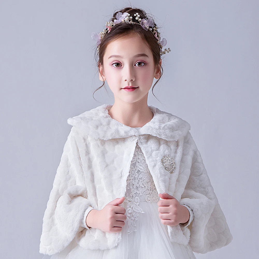 Flower Girls Faux Fur Bolero Shrugs White Winter Princess Shawl Wrap Shoulder Cape Wedding Party Dress Cover Up Wraps