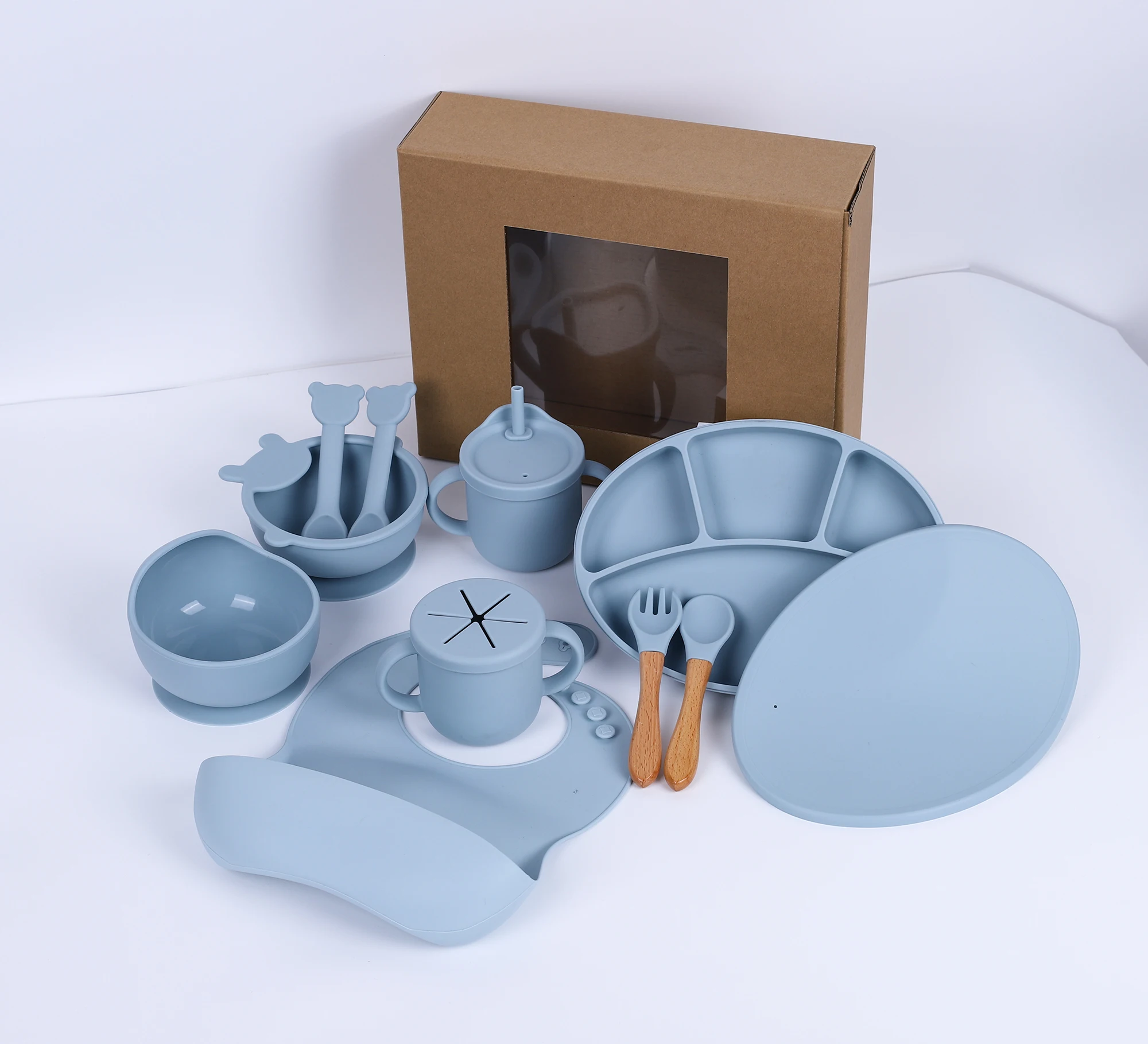 Cheap Price Eco-Friendly Non-Toxic Kids Bib Spoon Bowl Plate Fork Silicone Baby Feeding Set Bpa Free