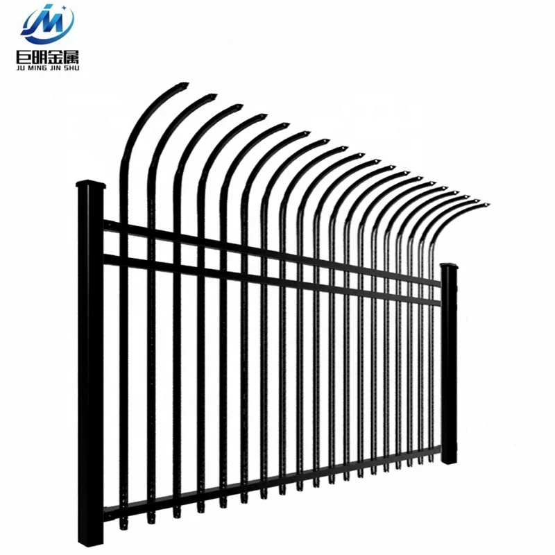 Decorative black coated single top curved spear steel fencing designs wrought iron fences