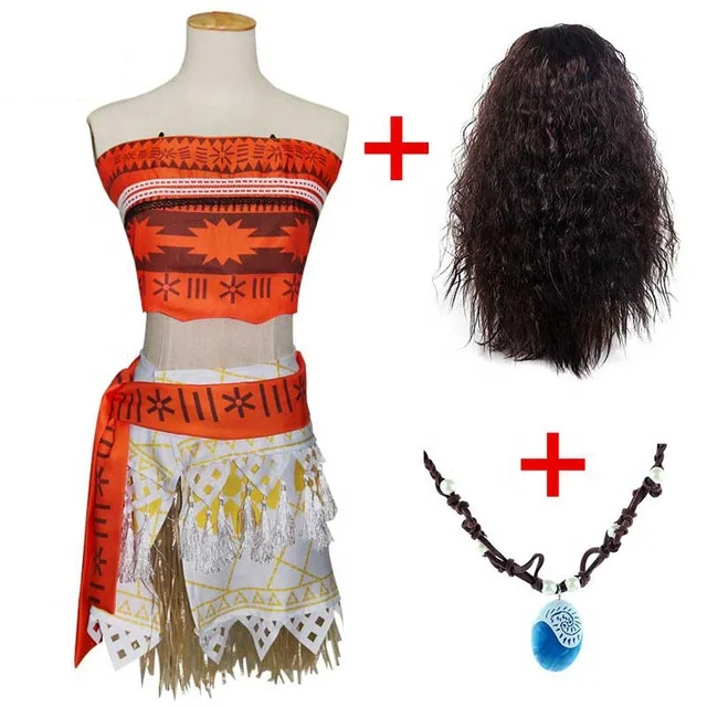 Adult Kids Cosplay Girls Vaiana Moana Princess Costume Dress Necklace Wig Girl Halloween Party Dress