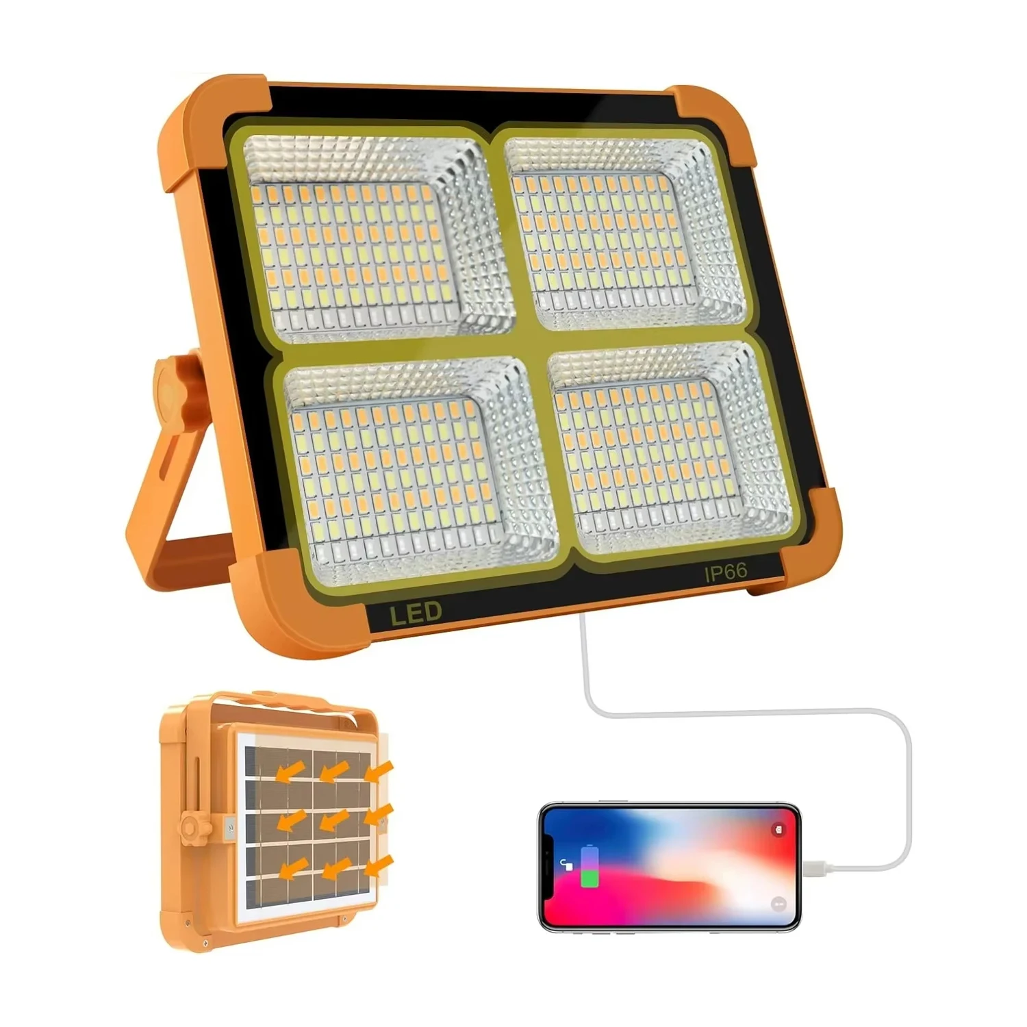 LED Construction Spotlight Solar Rechargeable Portable Camping Lamp for Construction Site Garage Workshop Fishing Emergency