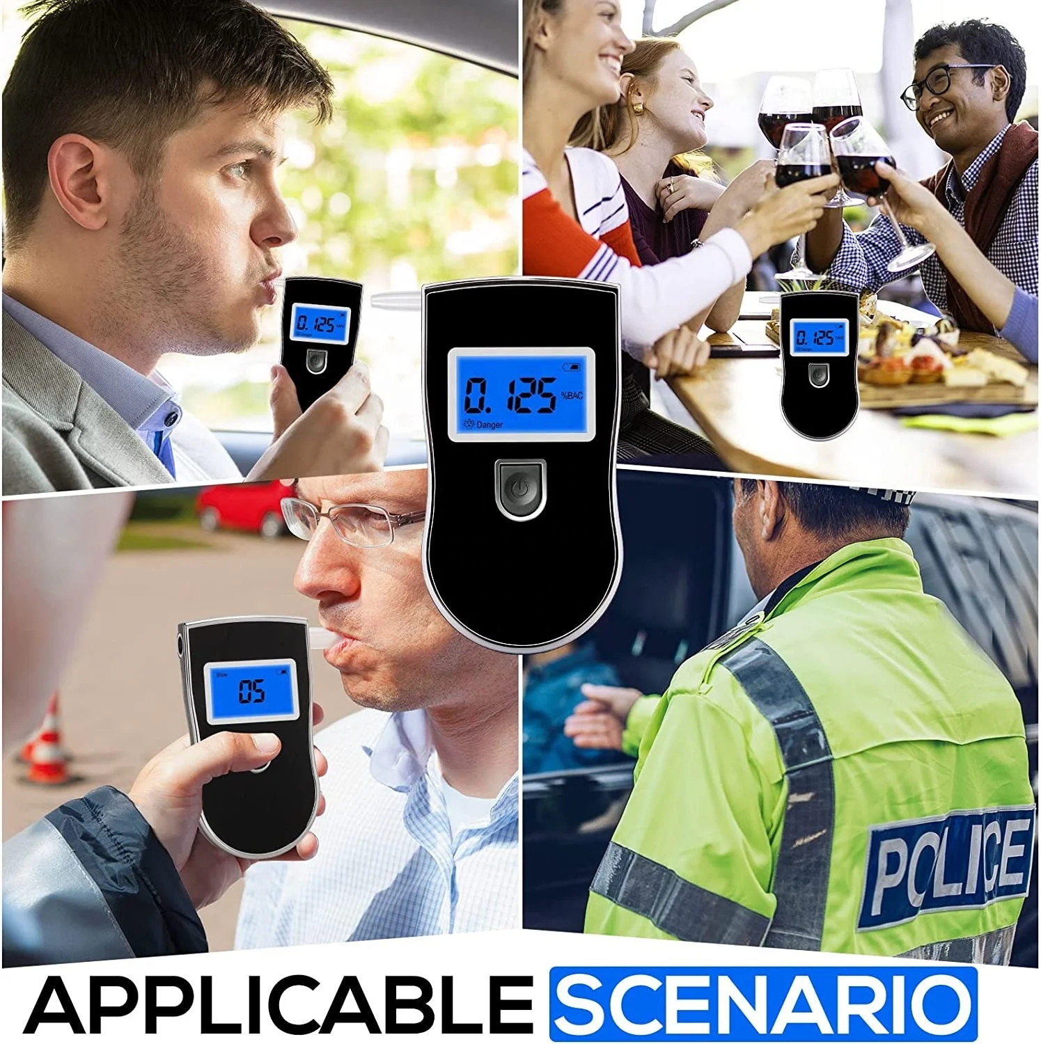 High Precision Alcohol Tester Portable LCD Breathalyzer 5 Nozzles Breath Tester with 3*AAA Batteries with Auto-off Power Remind