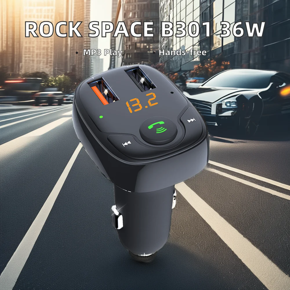 ROCK SPACE B301 36W QC3.0 PD3.0 Dual USB Car Charger Wireless FM Transmitter MP3 Player 3 Ports 12-24V Stereo Hands-Free