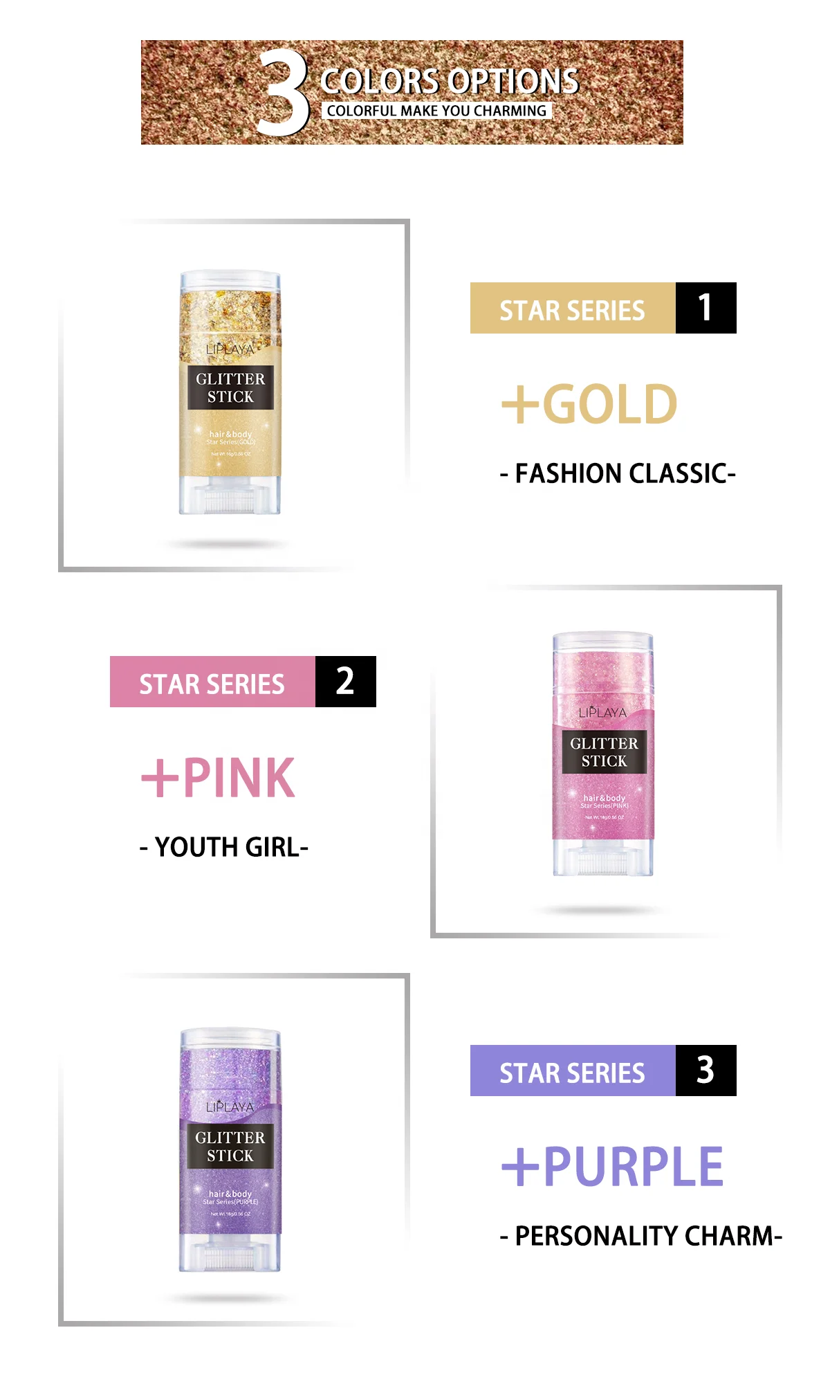 Pink Gold Purple  Glitter Stick Strong Hold Shining Beautiful Colorful  for Face Hair Body