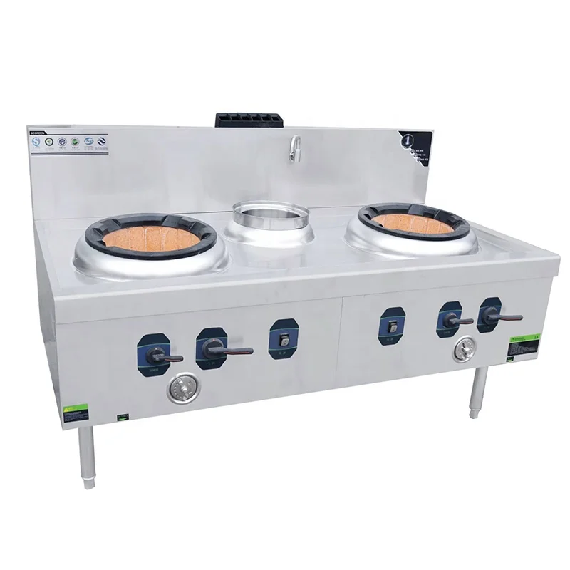 Stainless Steel Restaurant Equipment Kitchen Wok Gas Stove Double Burner With Blue Flame