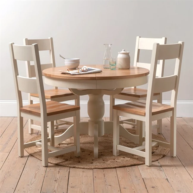 White Antique Design Morden Dining Room Kitchen Oak Solid Wood Folding Dining Table  Round 110-145cm Extendable Dining Table Set