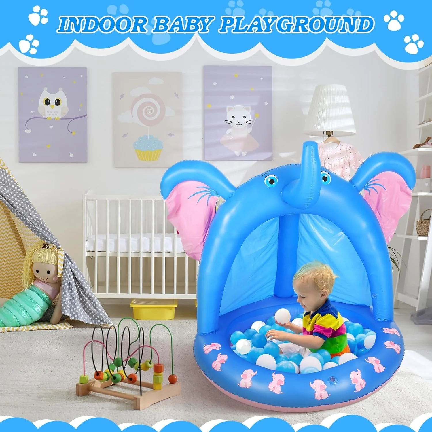 47 Inches Baby Pool with Canopy Elephant Inflatable Baby Swimming Pool with Soft Floor Bottom and  Water Sprinkler