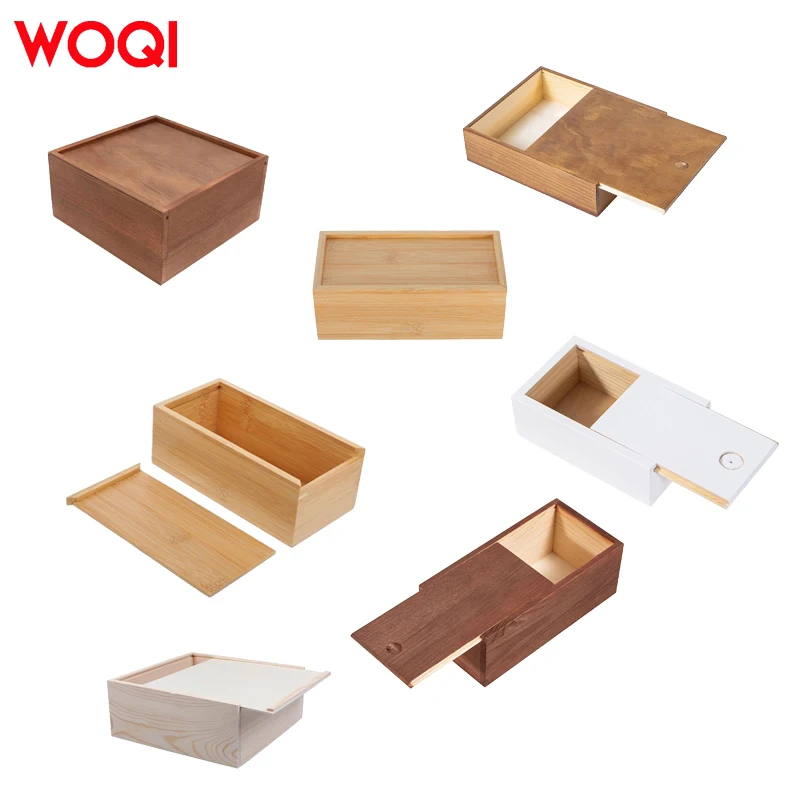 WOQI Hot Sale Unfinished Sliding Lid Wooden Tea Box Wine Packaging wedding gift for Home Decor Festivals