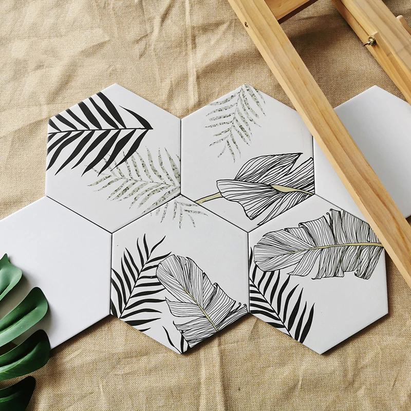 Nordic black and white plants hexagonal tiles bathroom floor tiles balcony tiles
