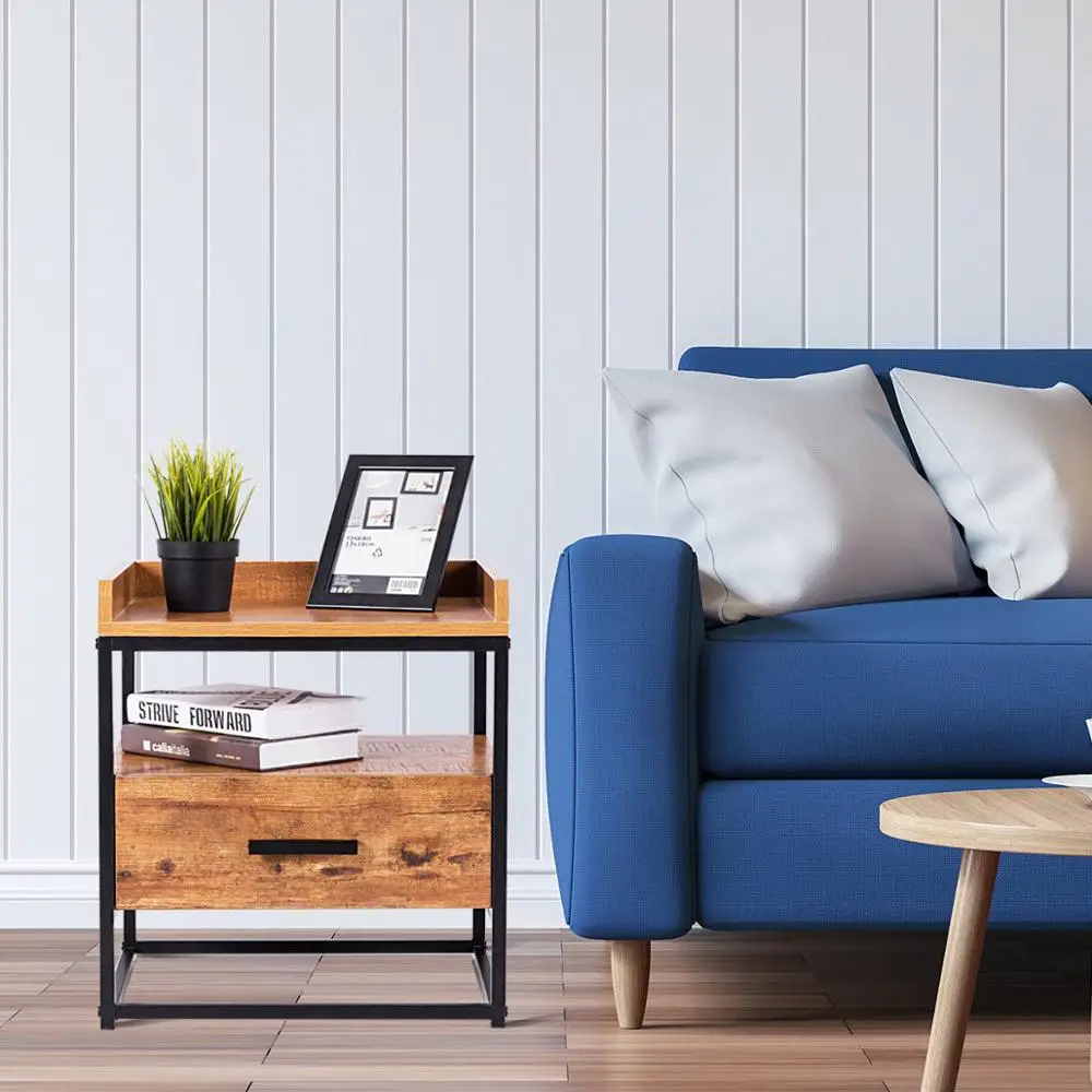 Side Sofa Table Metal Nightstand Storage Display Bedroom With Drawer