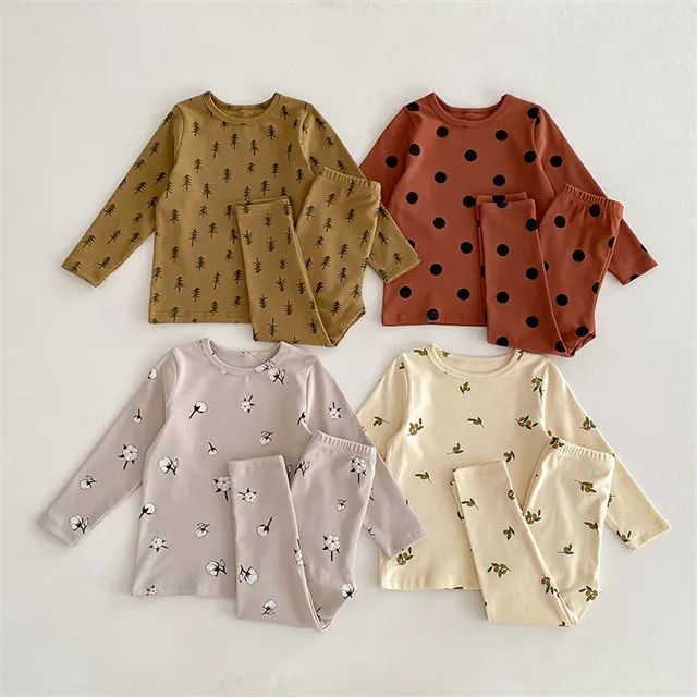 1 Pcs Custom Tag Floral Cotton Outfit Autumn Winter Baby Infant Boys Girls Clothing Long Sleeve Top Pants Toddler Clothes Set