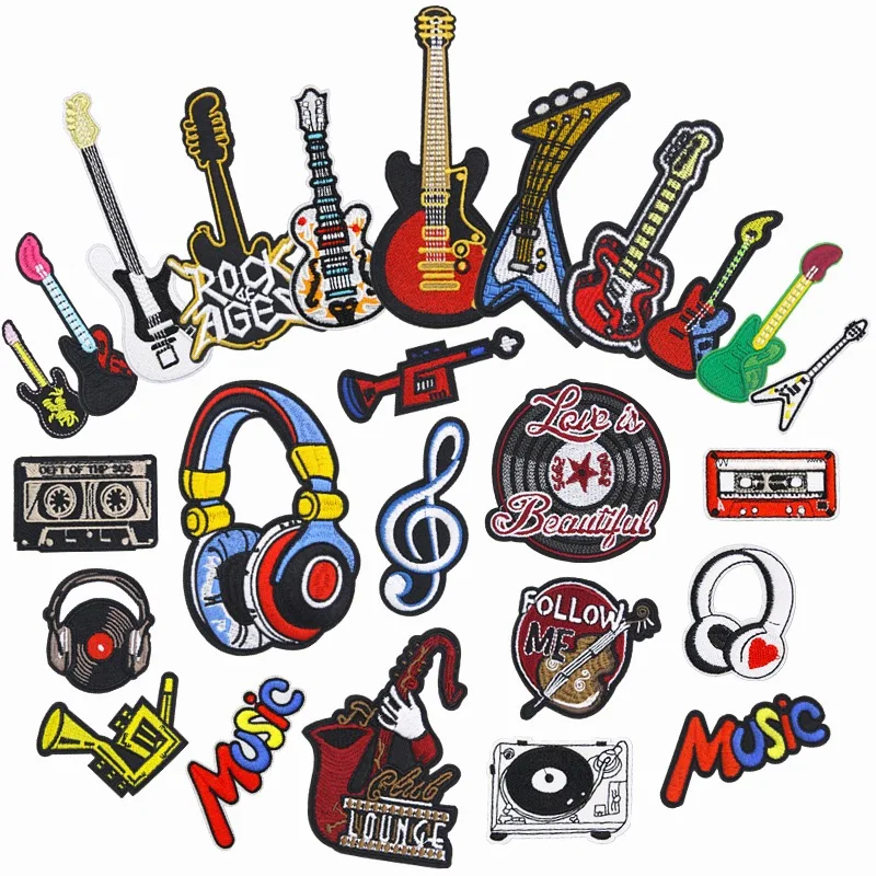 Wholesales Musical notation Guitar headphones bass CD saxophone instrument embroidered cloth patches