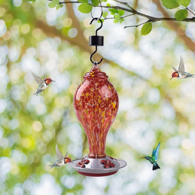 
36 Ounces Hummingbird Feeder for Outdoors Colorful Hand Blown Glass Hummingbird Feeder with Ant Moat, Hanging Hook 