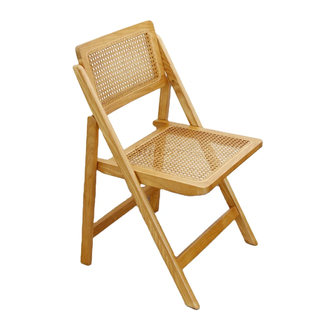 Ash Wood Foldable rattan movable dining chair A portable space-saving chair