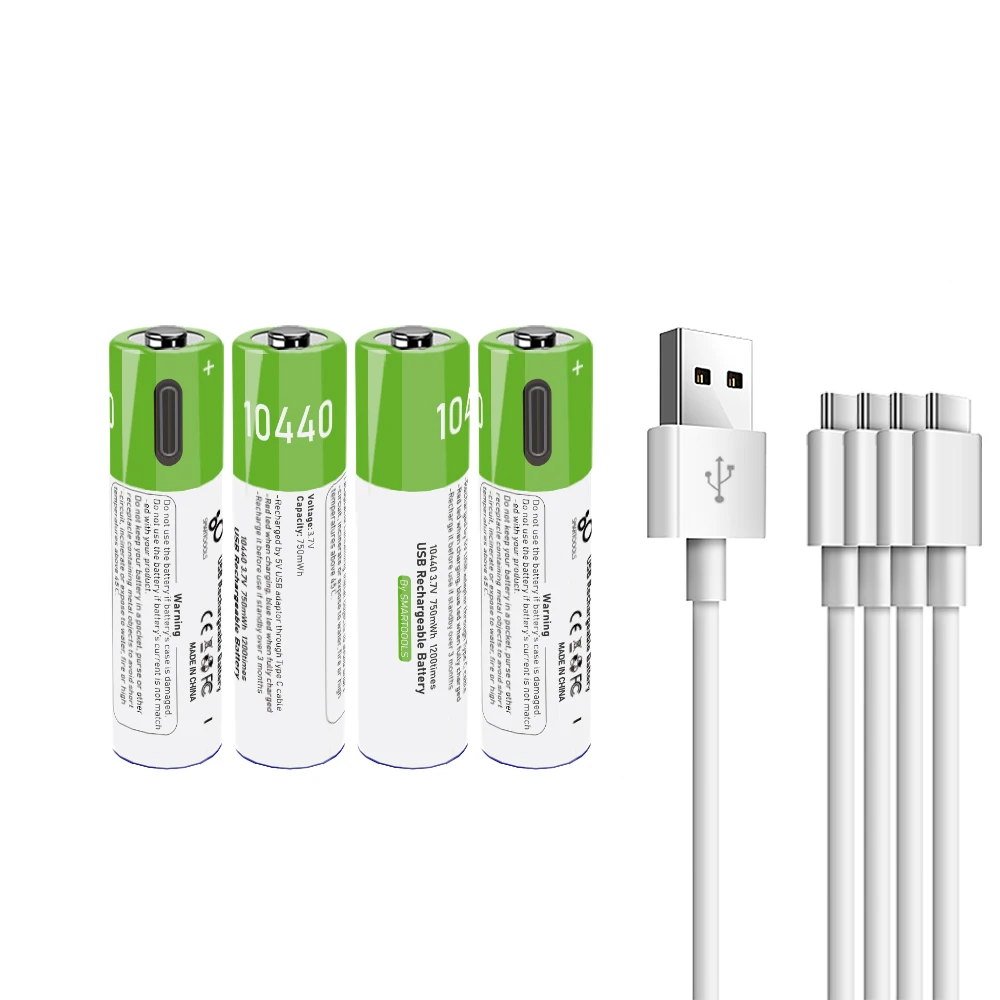 Pre-Charged 3.7V 750mAh Over 1000 Cycles Lithium Ion 10440 Battery USB Rechargeable Batteries With Type-C Cable