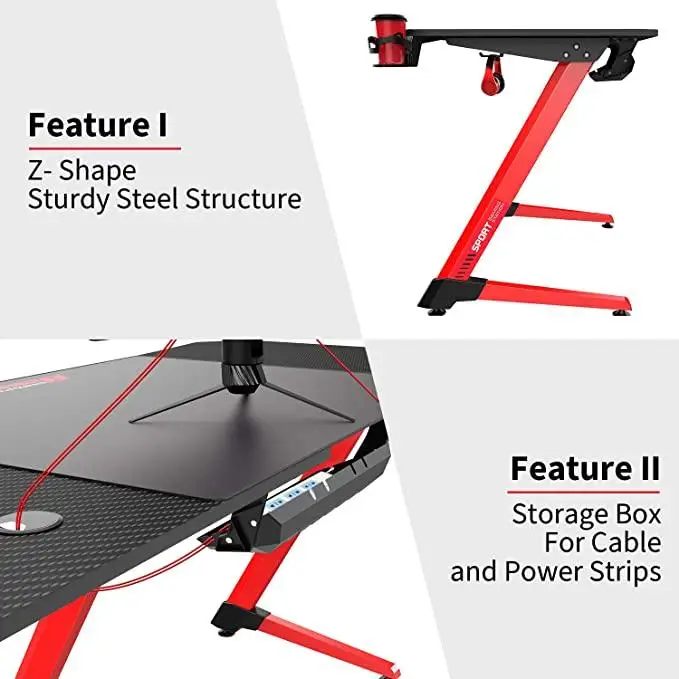  Lulu Tech Z Shaped Computer wide Racing Style Office Table Gamer Pc Big Workstation Gaming Desk with Free Mouse Pad Handle