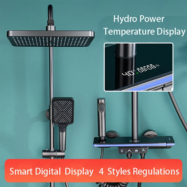 Smart Digital Display Shower Set Gun Gray  Brass Bathroom Piano Keypad 4 Way  Intelligent Shower Faucet System SS-1297