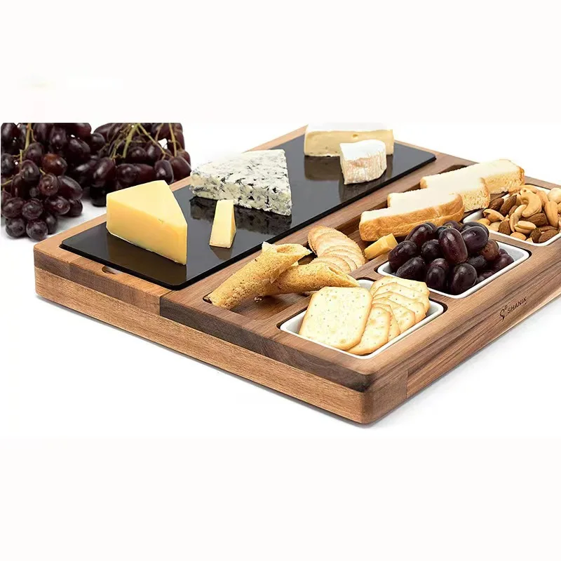Wholesale wooden cheese board knife set custom round cheese platter tray wood charcuterie board round acacia wood cheese board