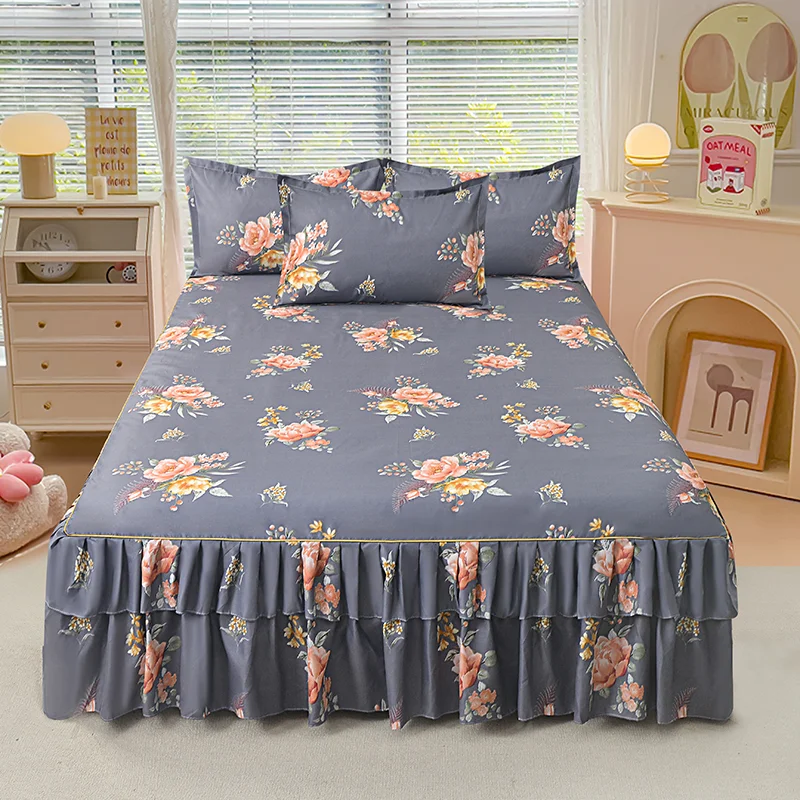 Lace Bed Sheet Skirt Set Floral Printed Bed Cover Single/Queen/King Size Bedspread + 2 pcs Of Pillowcase Bedsheets