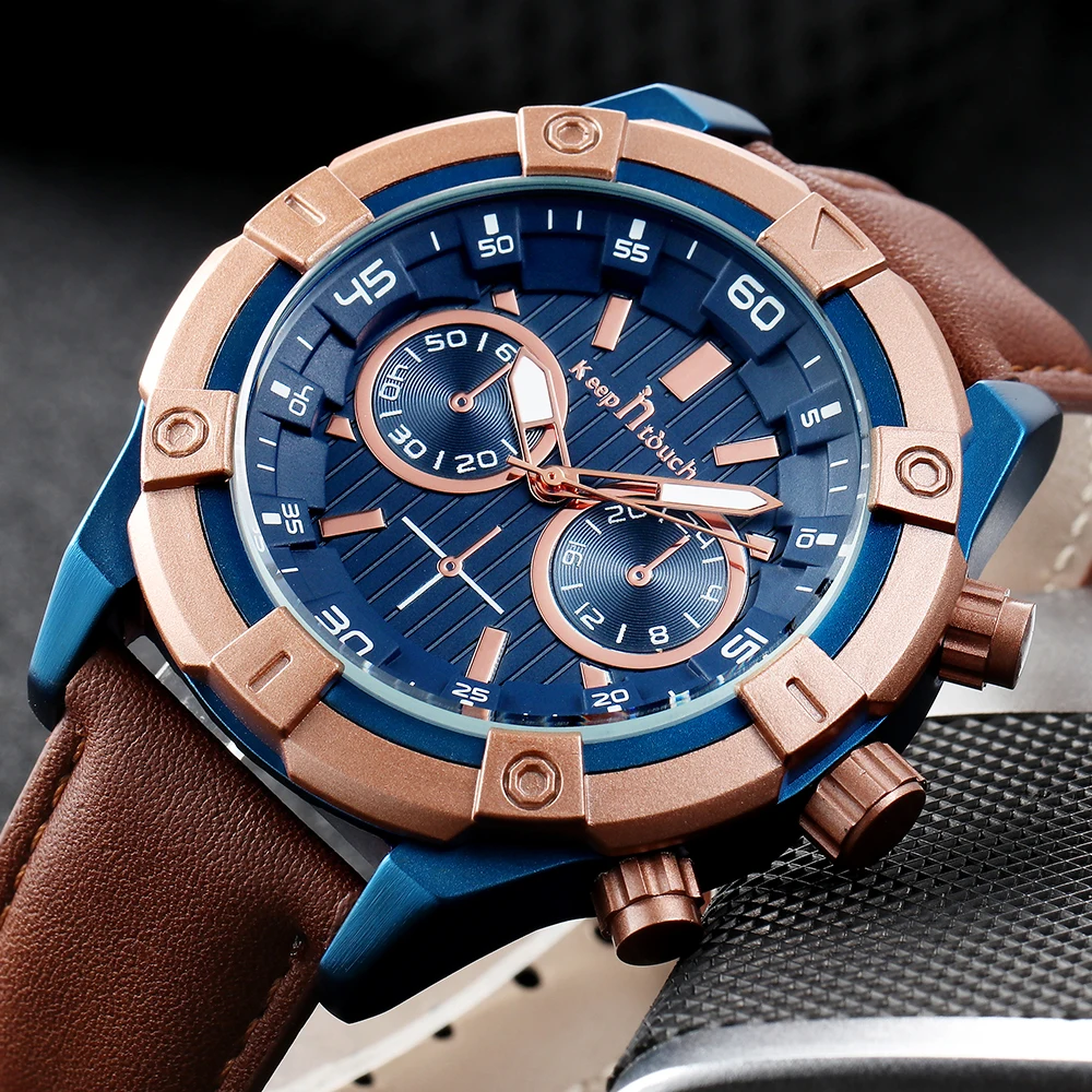 Оптовая продажа, мужские водонепроницаемые повседневные Роскошные Кварцевые наручные часы с кожаным ремешком Keep In Touch