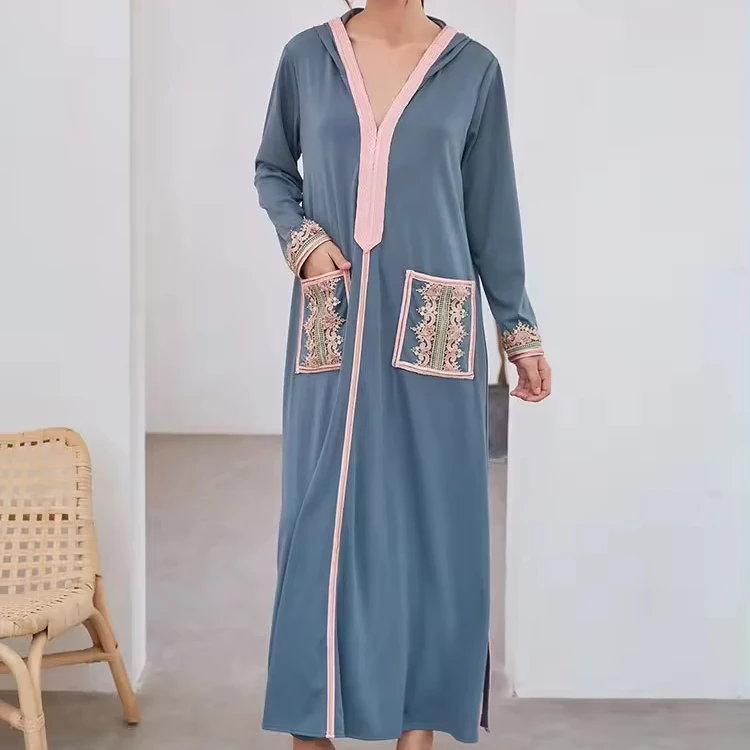 Islamic Abaya Dress Elegant Long V-neck Split Dress Middle East Fashion Applique Hooded Robe Turkey Casual Wear