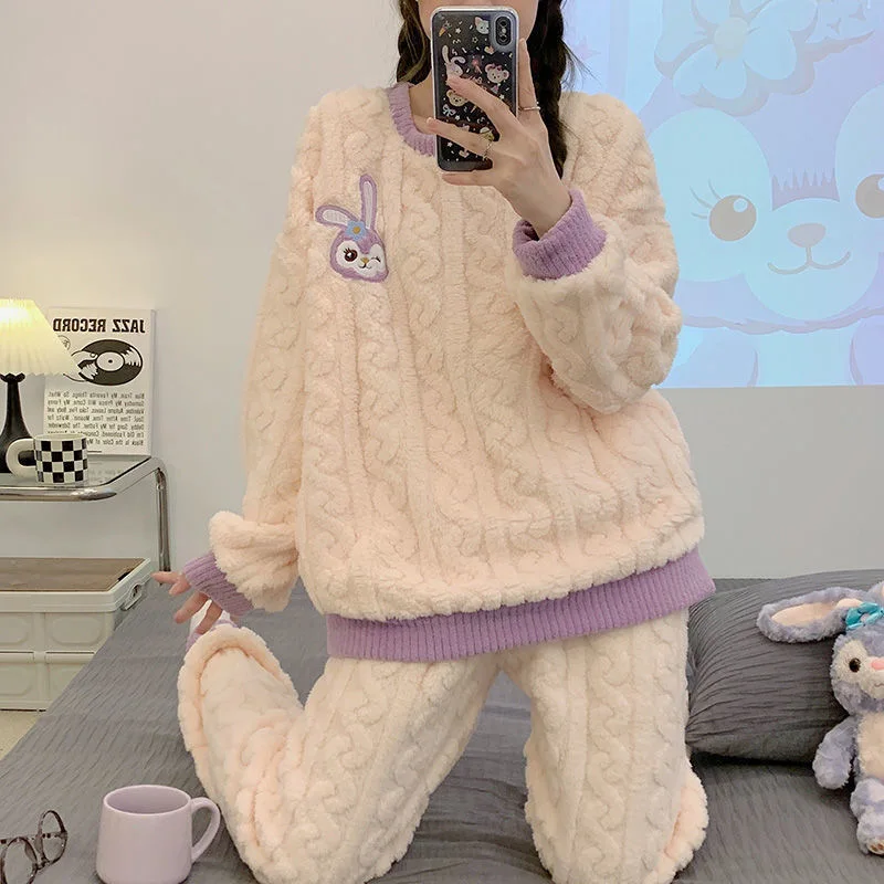 New Coral-wool Pajamas For Ladies Winter Round Collar Suit With Velvet And Thick Winter Thermal Pajamas Cartoon Home Wear